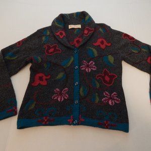 Norm Thompson Alpaca Blend Button Up Sweater Gray Floral Cardigan